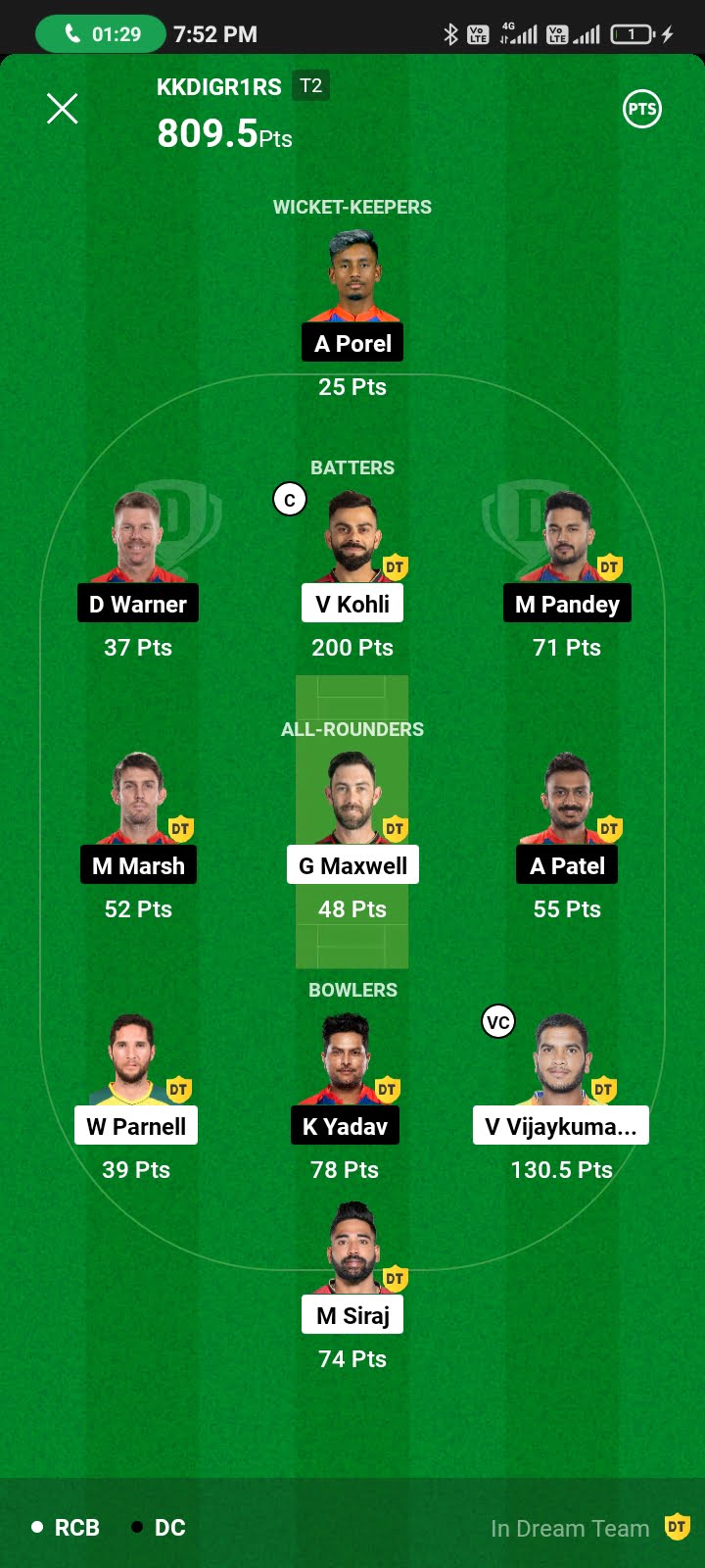 RCB Vs DC Dream 11 Winner