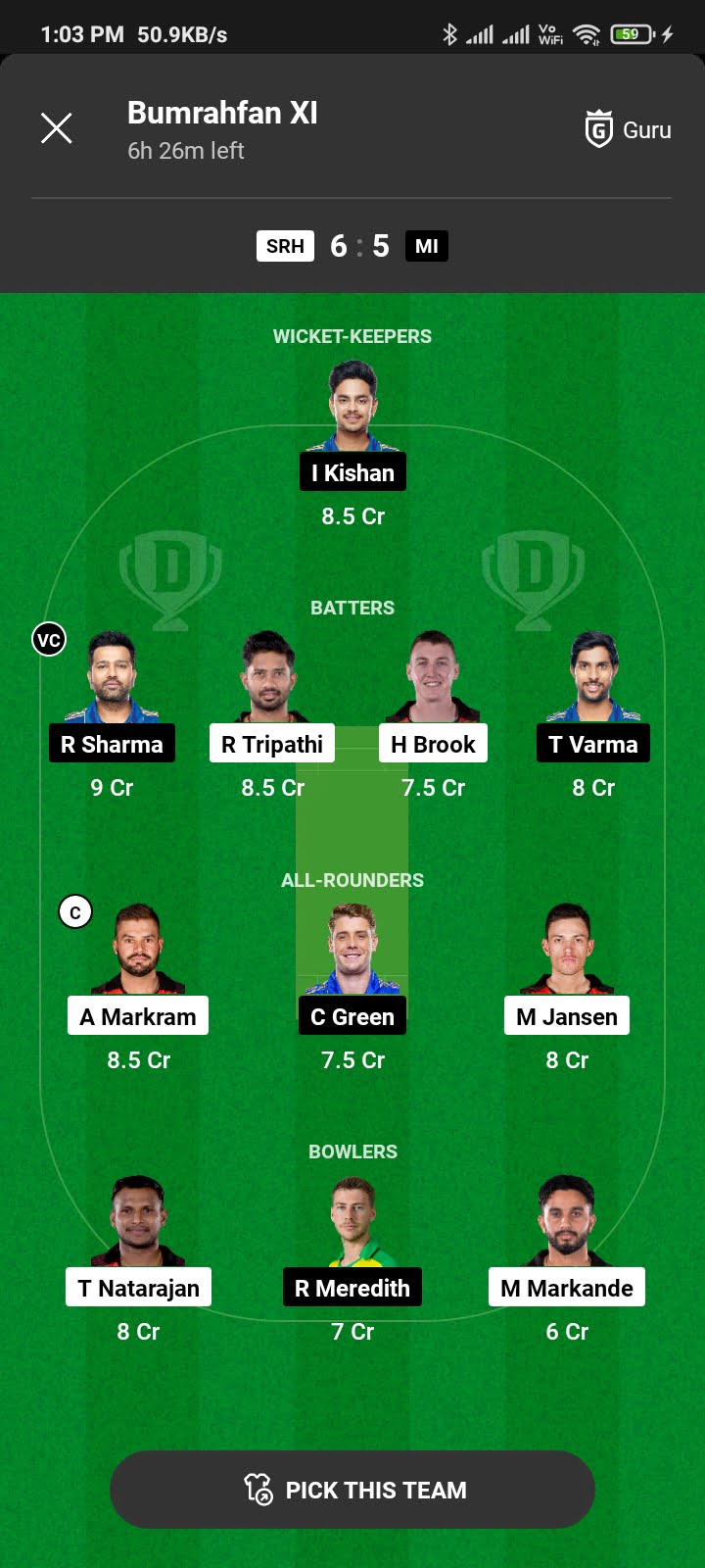 MI Vs SRH Dream 11 team: 