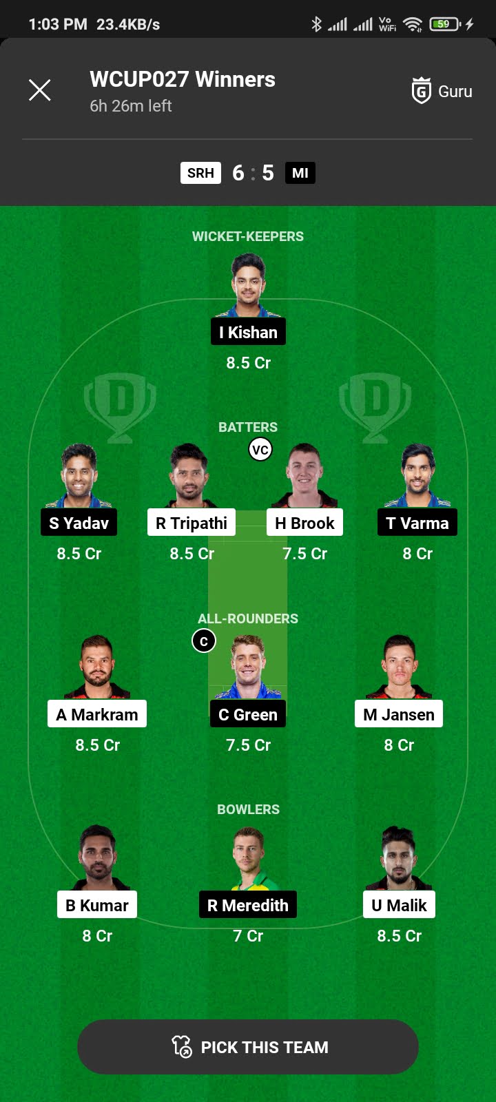 MI Vs SRH Dream 11 team: 