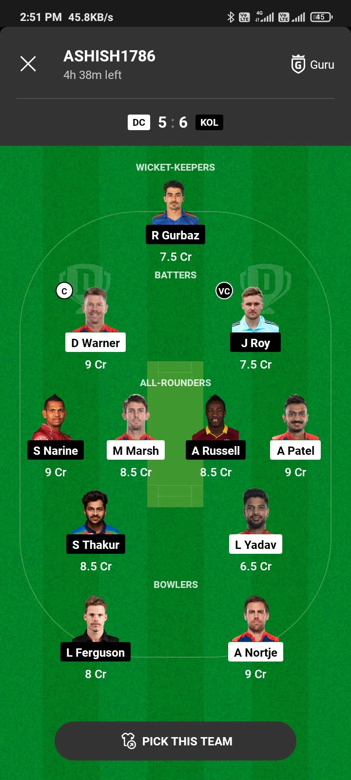 KKR Vs DC Dream 11 Prediction team: 