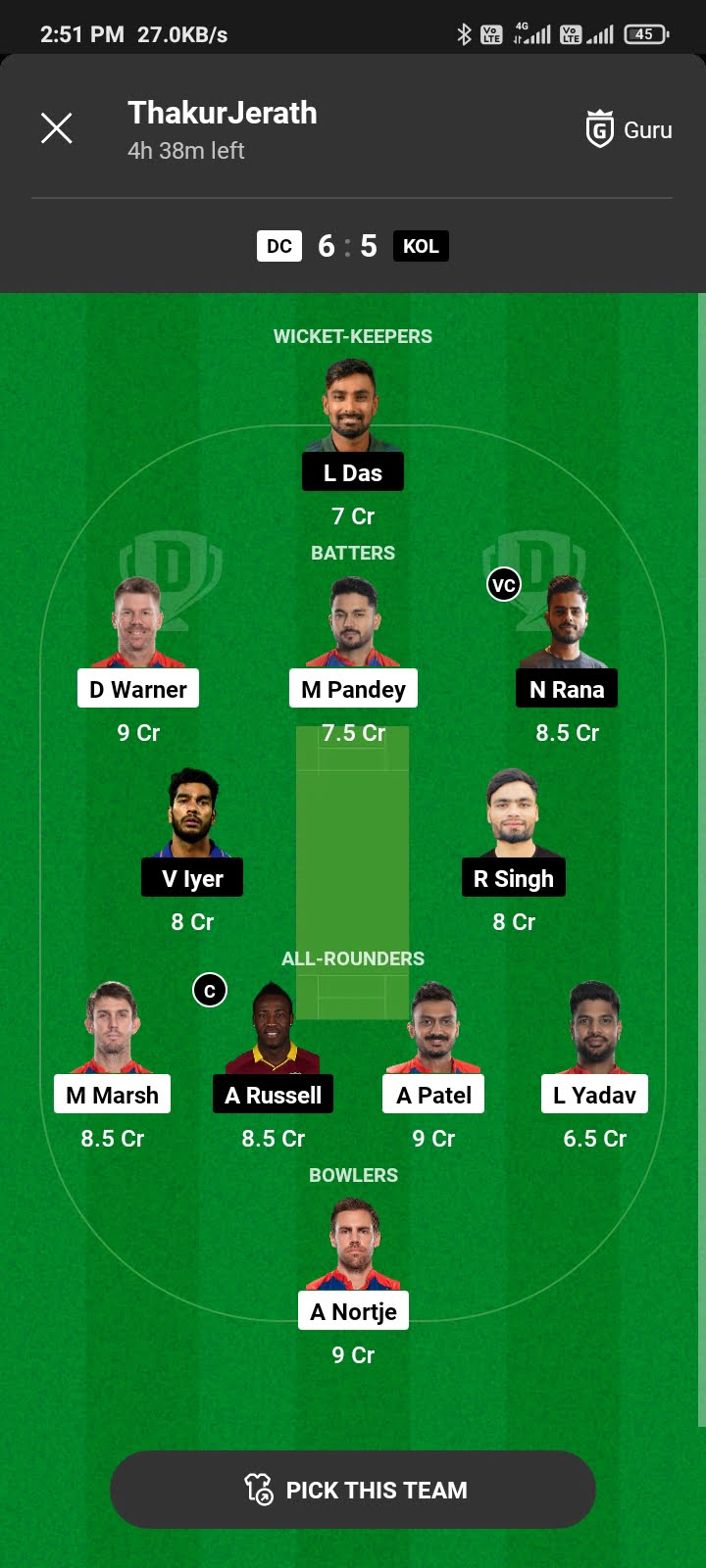 KKR Vs DC Dream 11 Prediction team: 