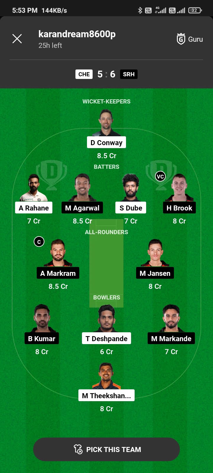 CSK Vs SRH Today Dream11 Prediction team: 