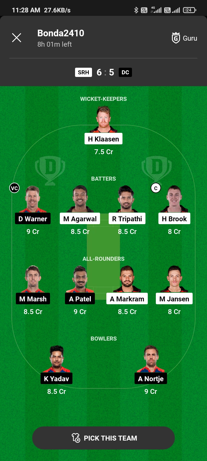 SRH Vs DC Today Dream11 Team Captain And Vice Captain: