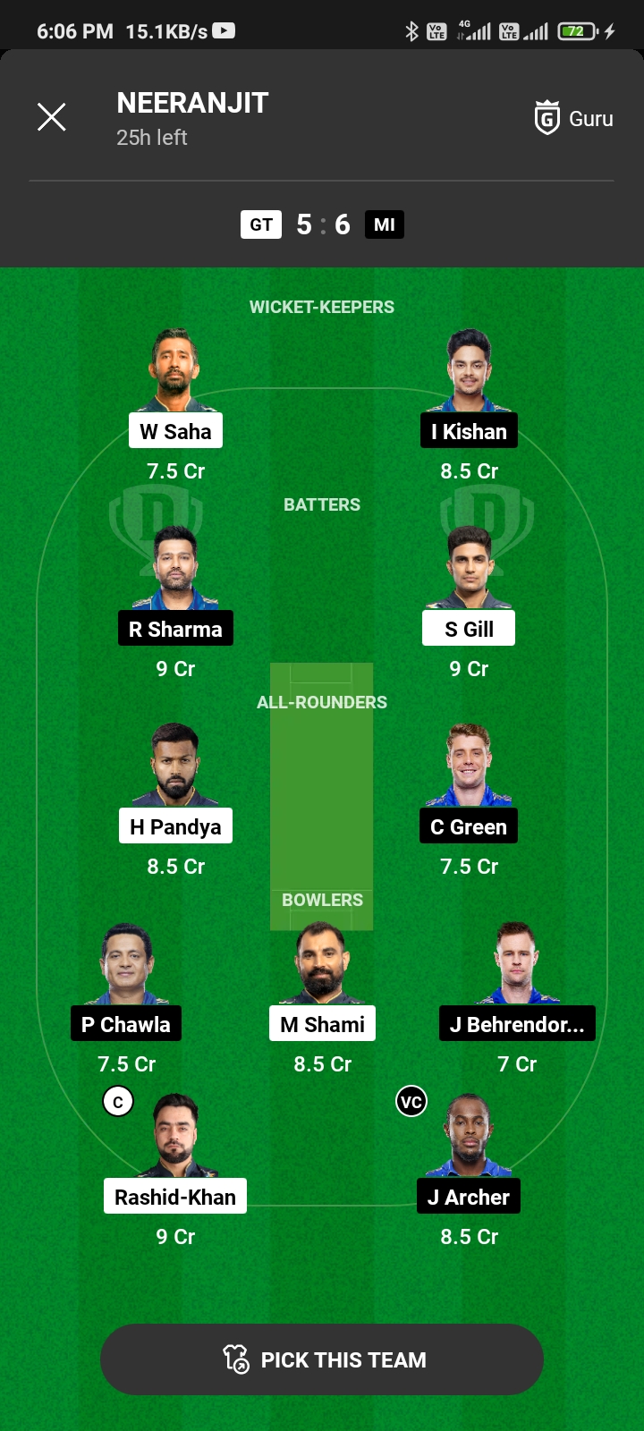 GT VS MI Dream 11 Prediction team