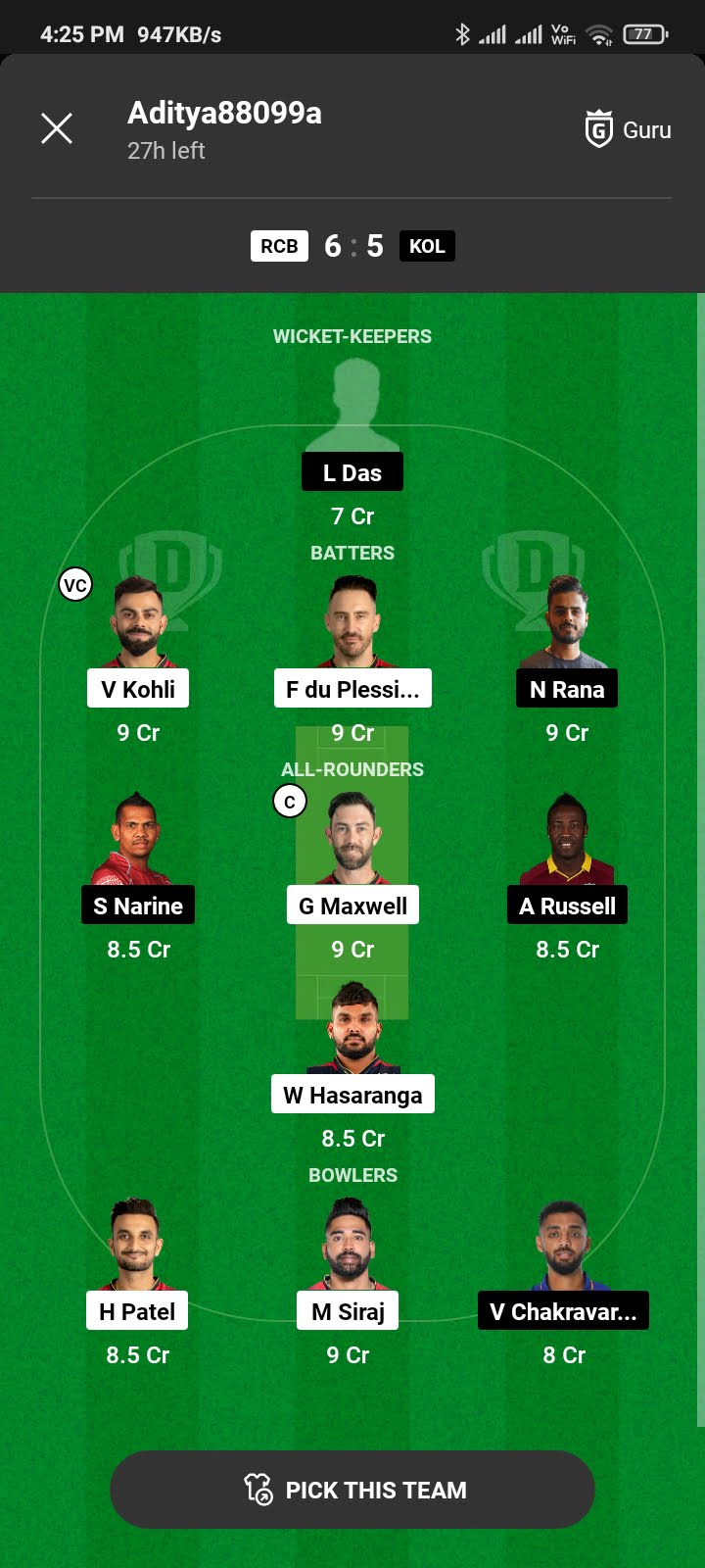 RCB Vs KKR Today Dream11 Team Captain And Vice Captain