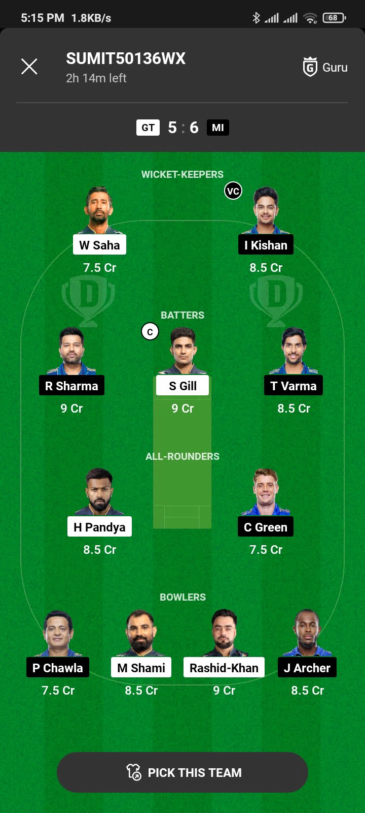 GT Vs MI Dream 11 Prediction Team