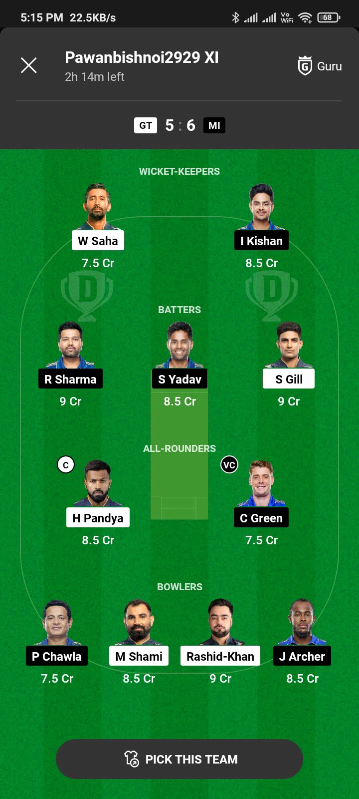 GT Vs MI Dream 11 Prediction Team