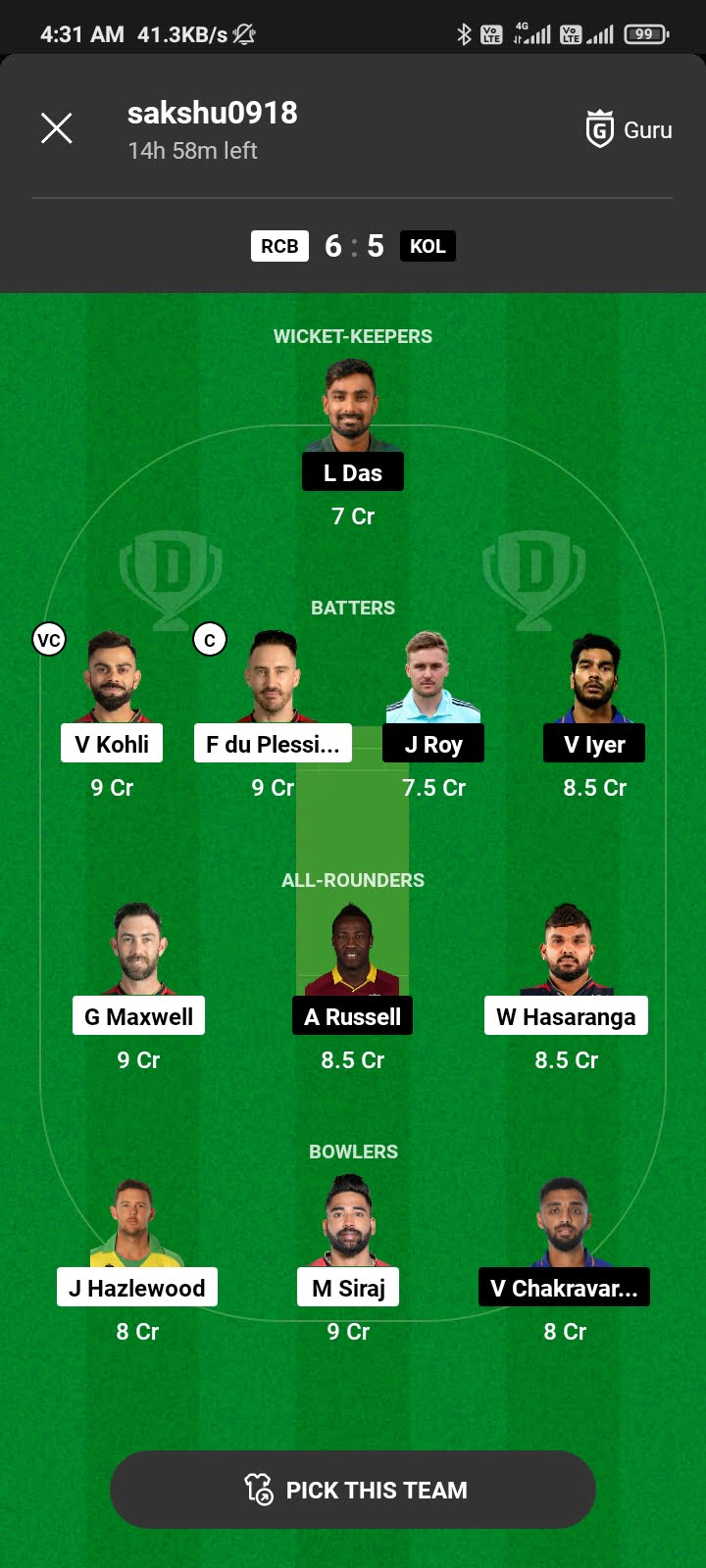 RCB Vs KKR Today Dream11 Team Captain AndVice Captain