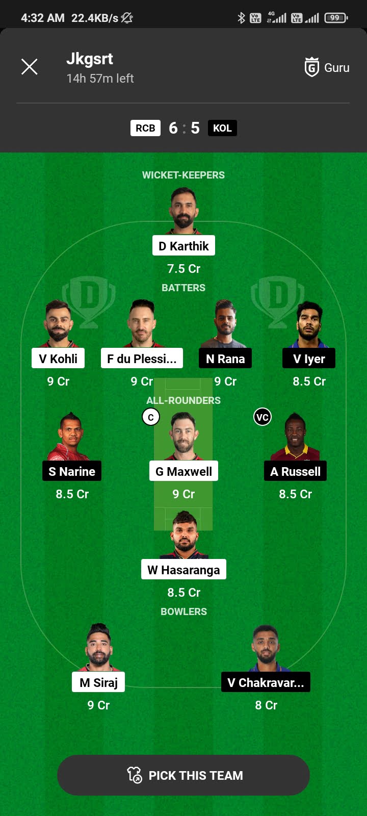 RCB Vs KKR Today Dream11 Team Captain AndVice Captain: