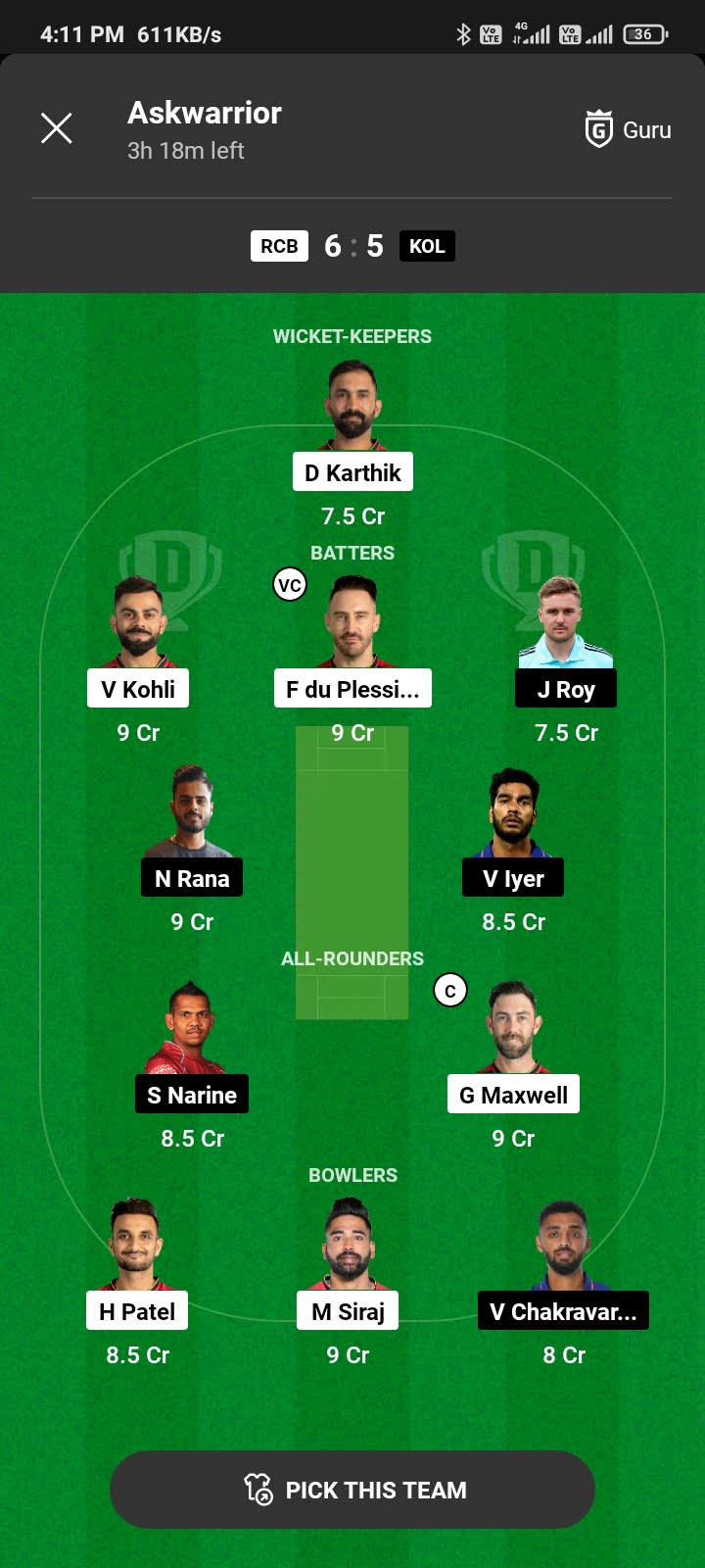 RCB vs KKR dream 11 team