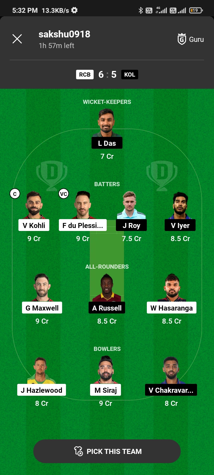 Today Dream 11 Team RCB Vs KKR