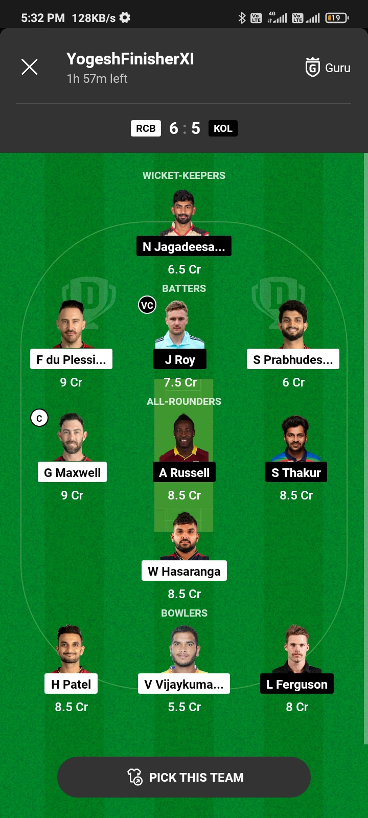 RCB Vs KKR Dream 11 Prediction Team