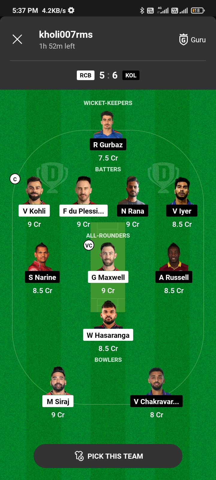 RCB vs KKR Dream11 Captian and Vice-Captain